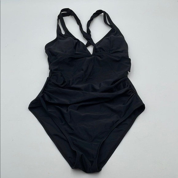 CUPSHE Black Plunge Ruching Paneling Cross Tie Back One-Piece Swimsuit - Picture 3 of 9